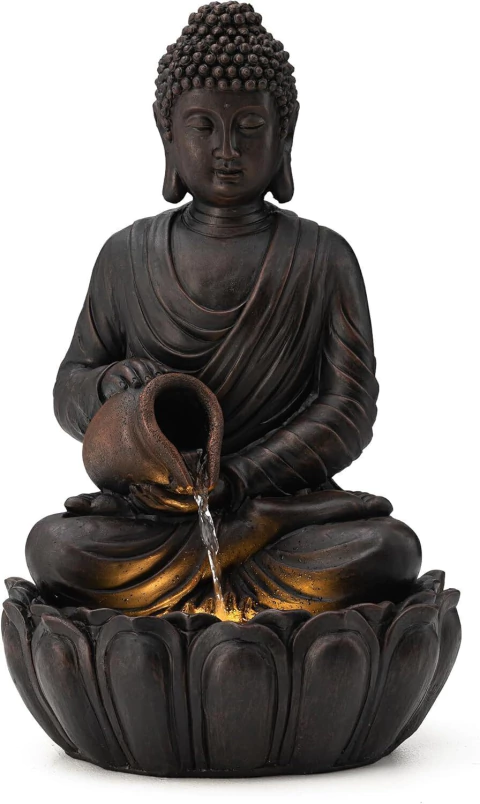 Glitzhome - Fuente de Buda para exteriores, 2 niveles, estilo Zen, fuentes de agua de Buda con bomba y luz LED, fuentes de Buda y cascadas, estatuas d