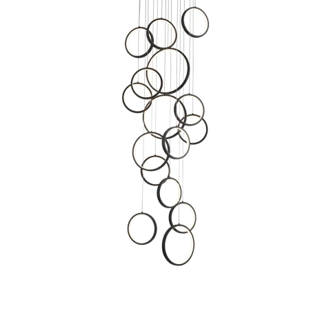 Lampara de araña moderna, lampara de araña negra regulable con control remoto Lampara colgante de 16 anillos Lampara colgante de techo alto de altura ajustable, para vestibulo de escalera Sala de estar de techo alto (3000K-6500K)