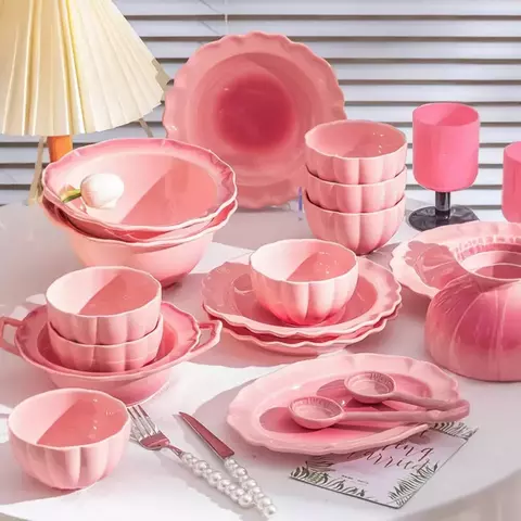 Platos de cerámica de la serie rosa, cuencos, cuchara, plato de pescado, tazón