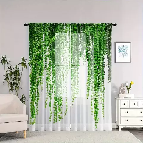 2 uds. Cortinas transparentes con patrón de vid verde, cortinas para ventana co