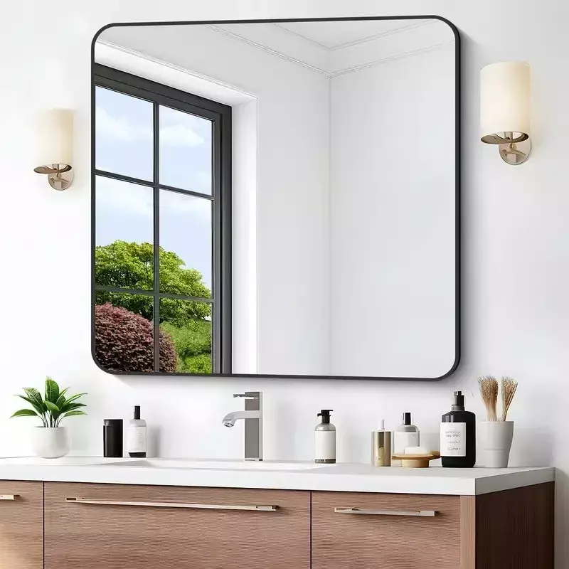 Espejo de baño con marco de aluminio, lavabo de pared, espejo de maquillaje, la