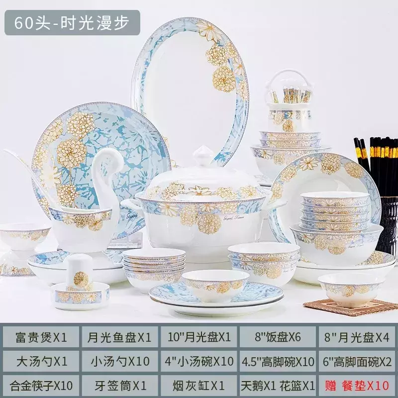 Un completo juego de vajilla de porcelana de hueso de lujo ligera y moderna de J