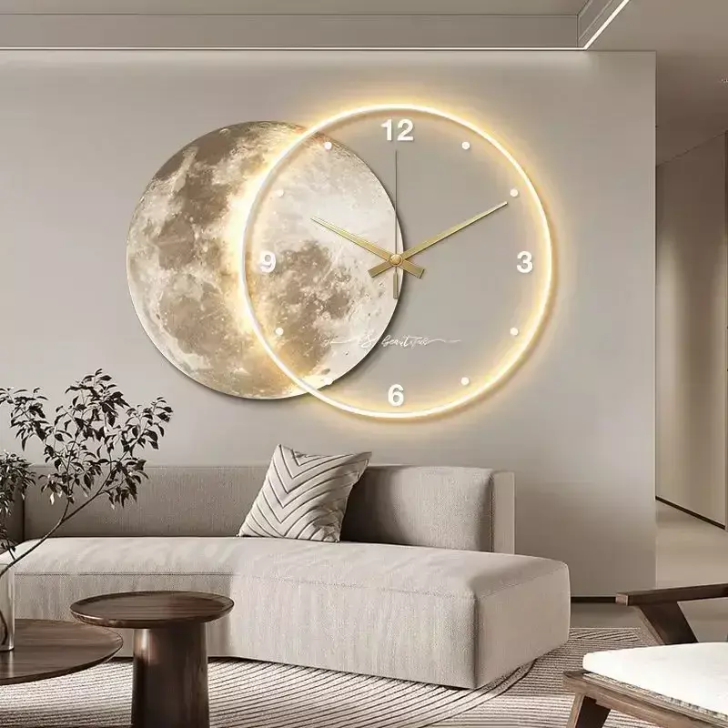 Reloj de pared grande para comedor, luz LED de modelado de Luna y tierra, movimi