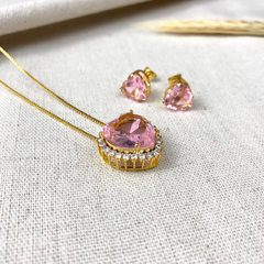 Conjunto coração rosa cristal cravejado em zircônias - comprar online