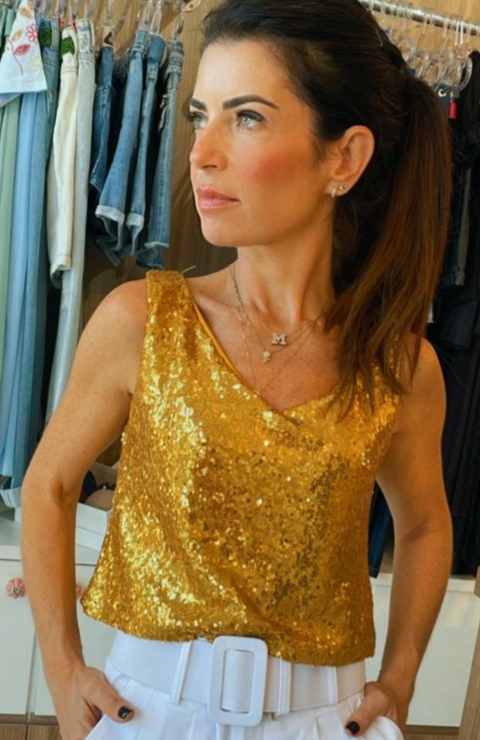 Regata em Paetê Dourada Forrada com Alças Largas