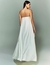 Vestido midi branco com sobreposição e corte mullet, vista de costas ideal para pré weeding, casamento civil, reveillon, batizado