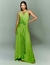 Vestido de festa longo verde com detalhe na cintura e modelo frente única   ideal para batizado, convidada de casamento, evento coorporativo