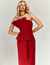 Vestido Midi Vermelho Leona com detalhe frontal e estilo tomara que caia  ideal para festas e eventos especiais.