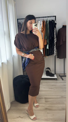 Vestido Jersey Drapeado Decote Costas Marrom - Wonderful Store