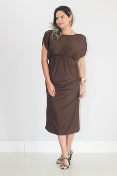 Vestido Jersey Drapeado Decote Costas Marrom - comprar online