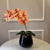 Arranjo de Orquídea Ocre Outono Com Vaso de Vidro Preto Brilho Conhaque