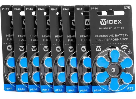 Paquete de Pilas Auditivas Widex 675 con 48 piezas, cada una en su empaque negro con detalles azules. Comunik Salud Auditiva.