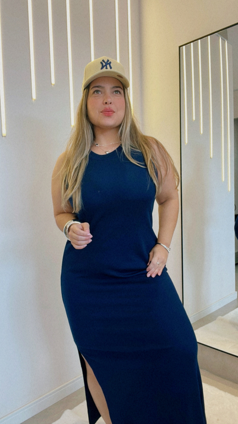 VESTIDO PLUSSIZE MIDI MALHA CANELADA - MARINHO - comprar online
