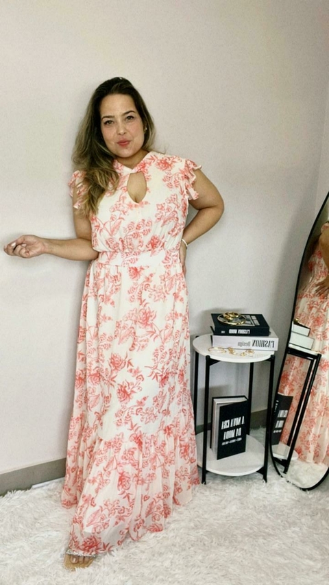 VESTIDO MIDI PLUSSIZE ESTAMPADO ROSA COM BABADO
