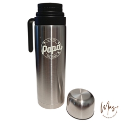Set matero "El Mejor Papá del Mundo". Termo media manija de acero inoxidable 1 lt., mate acero doble pared negro con bombilla chata. - Mas+ Deco & Gift