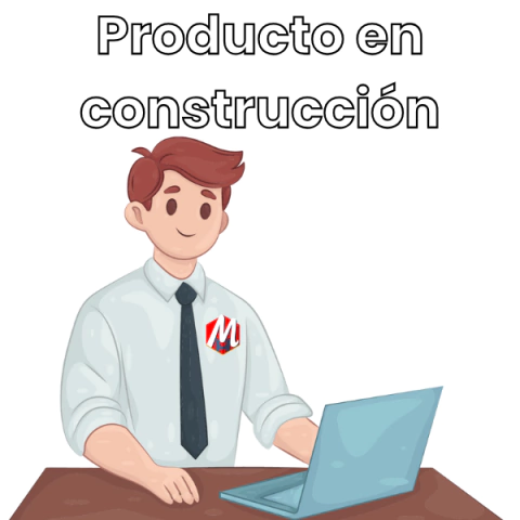 Ilustración de un hombre sentado frente a una computadora portátil con texto "Producto en construcción" arriba