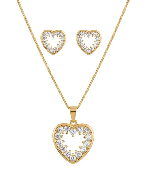 CONJUNTO CORAÇÃO CRAVEJADO BANHADO A OURO