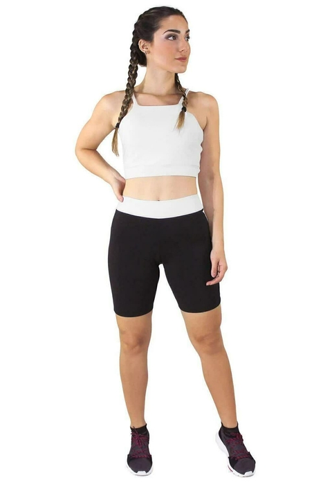 Cropped Alcinha Branco + Shorts Preto Com Branco Conjunto Fitness | REF: LX048