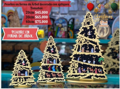 Pesebre en forma de árbol decorado con apliques