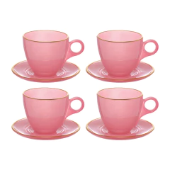 4 Xícaras Chá Pires Vidro Matte Rosa Borda Dourada 170ml (6279)