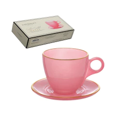 4 Xícaras Chá Pires Vidro Matte Rosa Borda Dourada 170ml (6279) - loja online