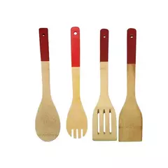 Kit 4 Colheres Utensílios Ecológico Culinário Madeira Bambu com Cabo de Silic - Donamora