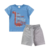 Conjunto infantil para menino de verão marca Alenice Camiseta Azul e shorts Cinza estampa de dinossauro