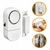 Alarme sonoro para portas e janelas com sensor magnético, mostrando uma sirene e um intruso espreitando.