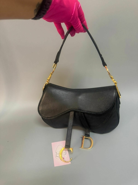 DIOR SADDLE DOUBLE EM COURO PRETO