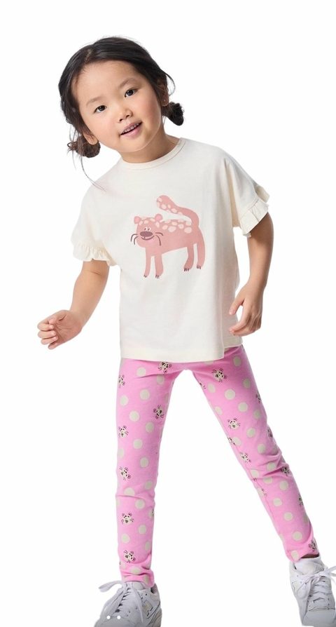 Conjunto Infantil Menina estampado - Off white com Rosa