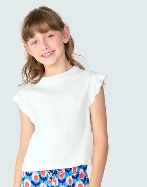 Blusa Off White Em Ribana Com Babados Regata Menina