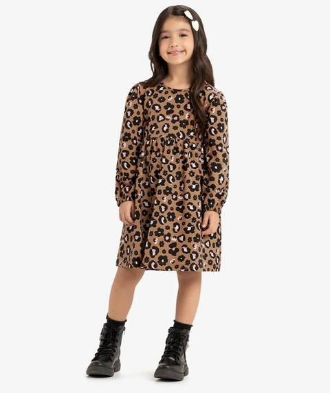 Vestido Infantil Manga Longa Marrom Animal Print