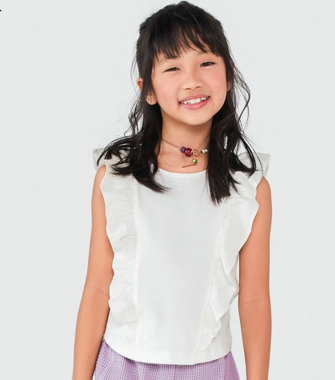 BLUSA CROPPED OFF WHITE COM BABADOS MENINA