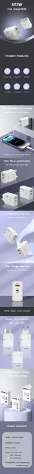 Carregador rápido com cabo USB tipo C PD, adaptador de carga rápida 3.0, iPhon
