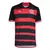 Camisa do Flamengo 24/25 manto 1, listrada em vermelho e preto, com logo do clube e detalhes em branco.