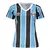 Camisa feminina do Grêmio 24/25, com listras verticais em azul e preto, logo da Umbro e do Grêmio.