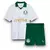 Kit infantil do Palmeiras 2024/2025, com camisa branca e short verde, contendo logo do clube e patrocinador.