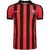 Camisa do Vitória volt Manto 1 temporada 2025/2026 com listras verticais vermelhas e pretas é uma linha branca.