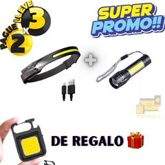 LINTERNA VINCHA LED+LINTERNA DE MANO + DE REGALO LLAVERO LINTERNA LED TROKKA.