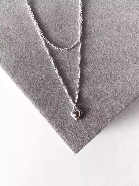 Colar duplo coracao rosa