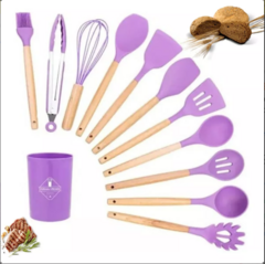 Kit 12 Utensílios De Cozinha Em Silicone E Cabo De Madeira