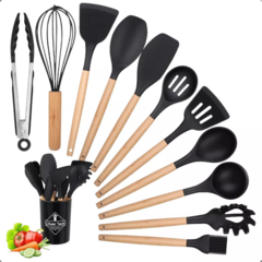 Kit 12 Utensílios De Cozinha Em Silicone E Cabo De Madeira - loja online