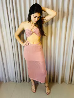Imagem do Conjunto Tricot Modal Saia Midi Rendada com Forro e Top Cropped Sereia