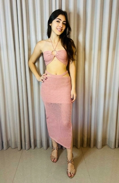 Conjunto Tricot Modal Saia Midi Rendada com Forro e Top Cropped Sereia