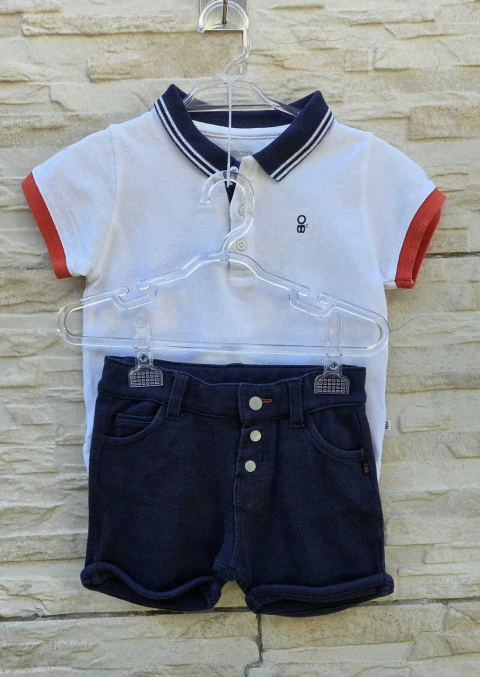 Conjunto camisa polo branca short com botões azul