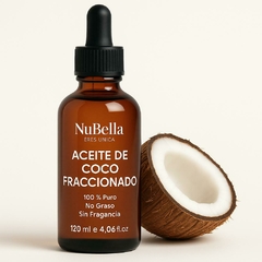 Aceite de Coco Fraccionado 100% Puro NuBella – Para Cabello, Piel, Masajes y Aromaterapia – Botella de Vidrio con Gotero 120ml – No Graso, Rápida Abso