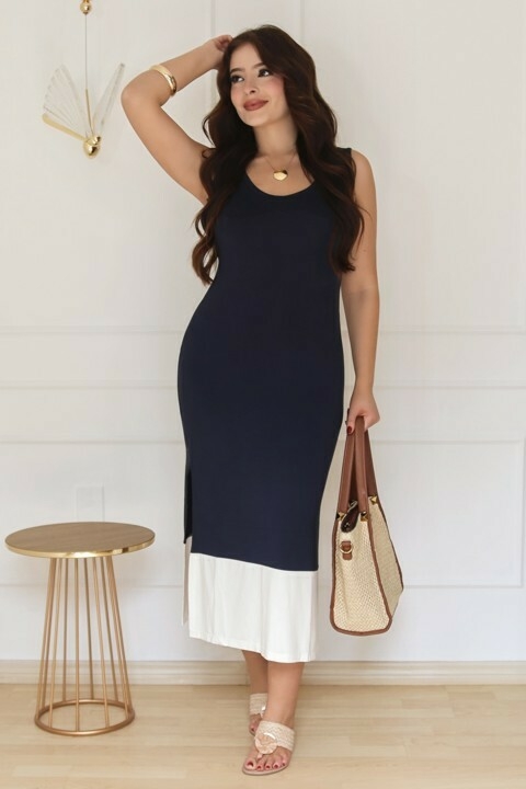 Vestido Midi Bicolor - Marinho/Off White - comprar online