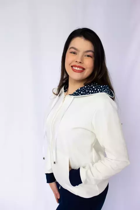 Blusão Moletom Felpado Ziper Capuz - Off White/Azul - comprar online