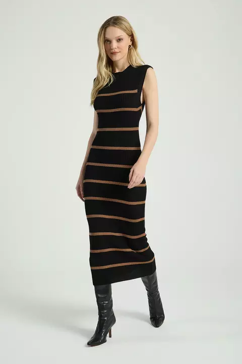 VESTIDO TRICOT LONGO PRETO / BEGE ESCURO M- MY PLACE