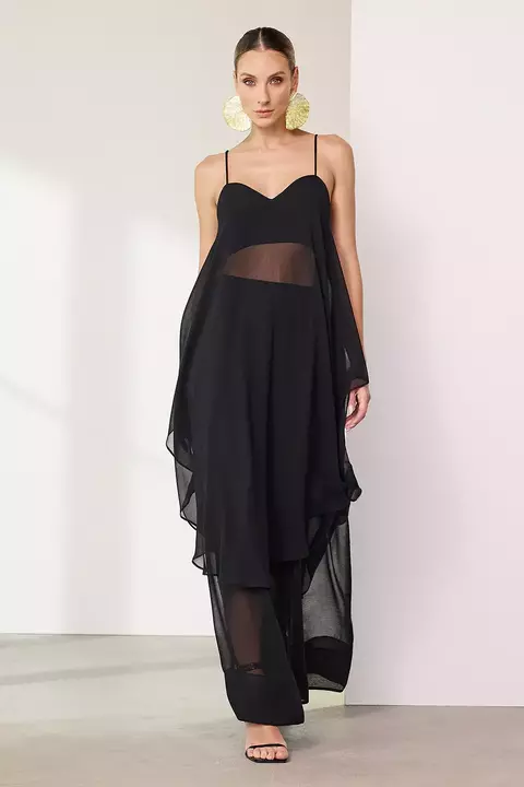 BLUSA ALONGADA LISA COM TRANSPARENCIA PRETO P- CHARRY